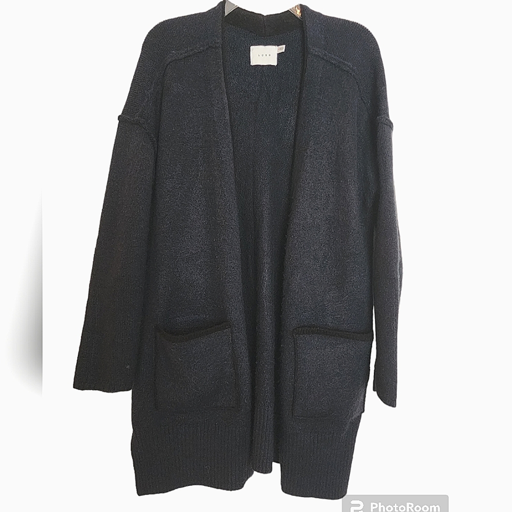 Lush Dark Blue Black Trim Open Front Cardigan Sweater Jacket SZ Medium